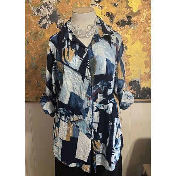 Dorman Art to Wear Womens XL Blue Tone Geometric Pattern Button Front Shirt - Picture 1 of 7